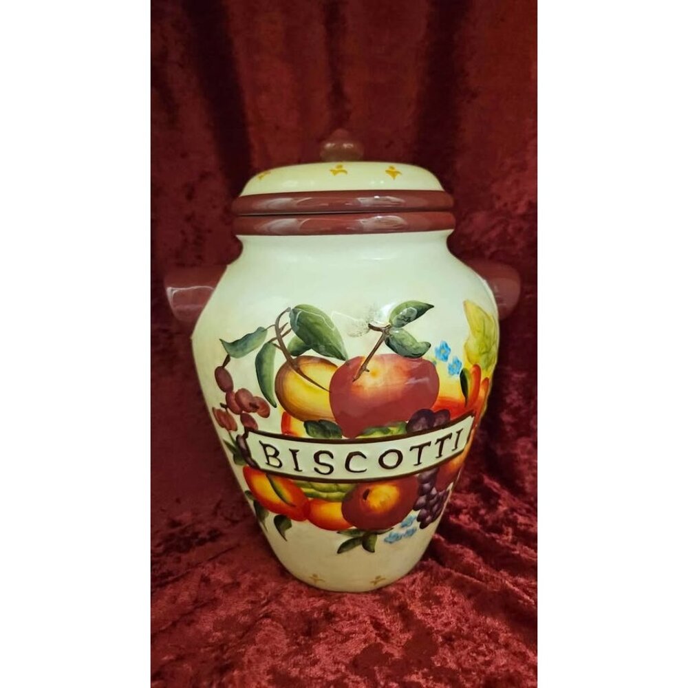 Nonni's Biscotti Ceramic Cookie Jar Hand Painted Fruit and Flower Design 10"